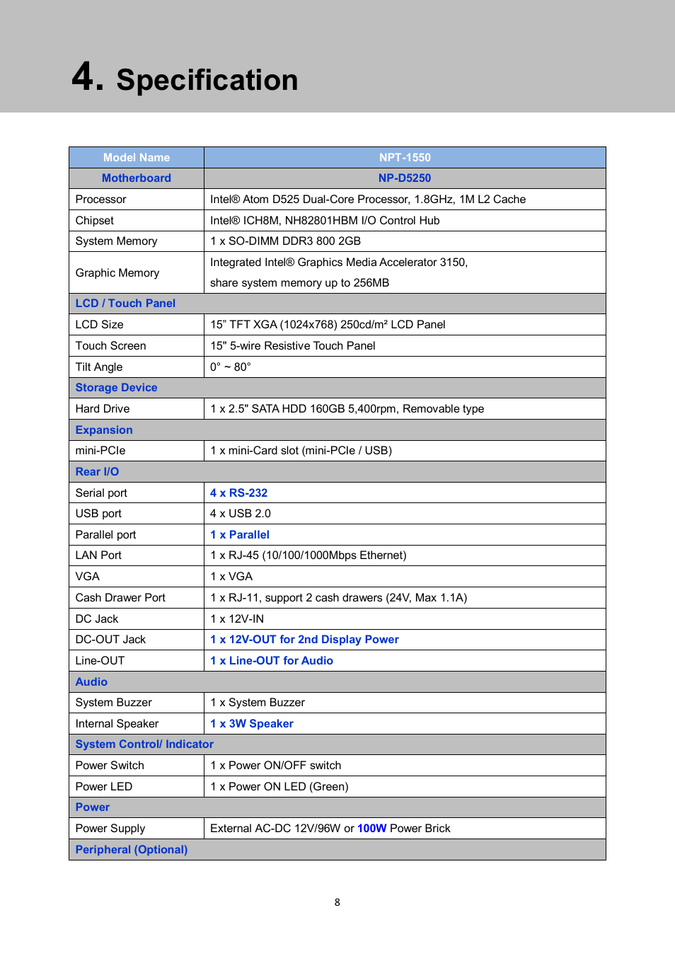 Specification | NEXCOM NPT 1550 User Manual | Page 15 / 41