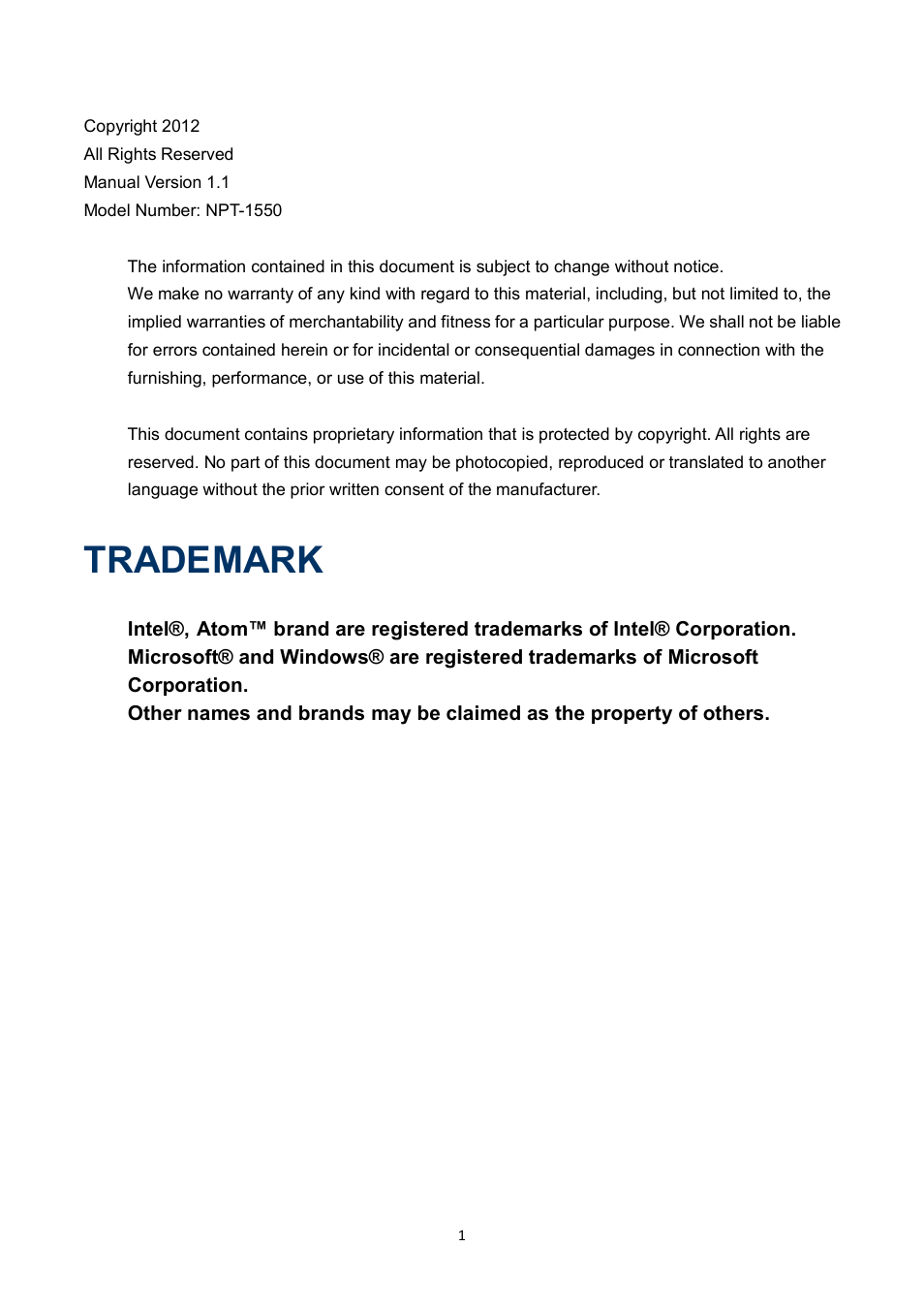 Trademark | NEXCOM NPT 1550 User Manual | Page 2 / 41