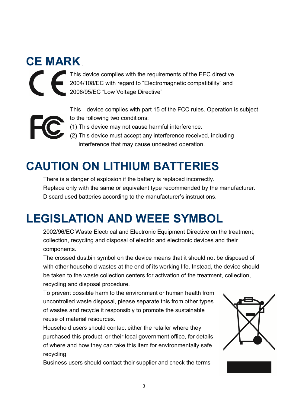 Ce mark, Caution on lithium batteries, Legislation and weee symbol | NEXCOM NPT 1550 User Manual | Page 4 / 41