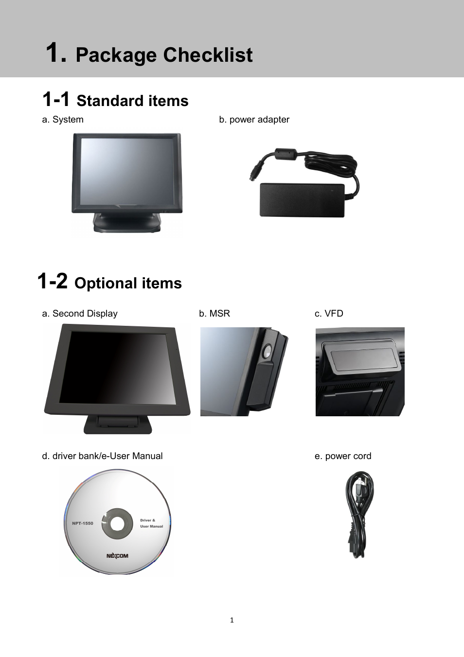 Package checklist, Standard items, Optional items | NEXCOM NPT 1550 User Manual | Page 8 / 41
