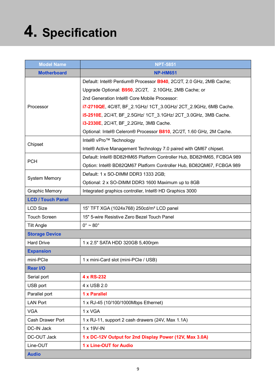 Specification | NEXCOM NPT 5850 User Manual | Page 15 / 45
