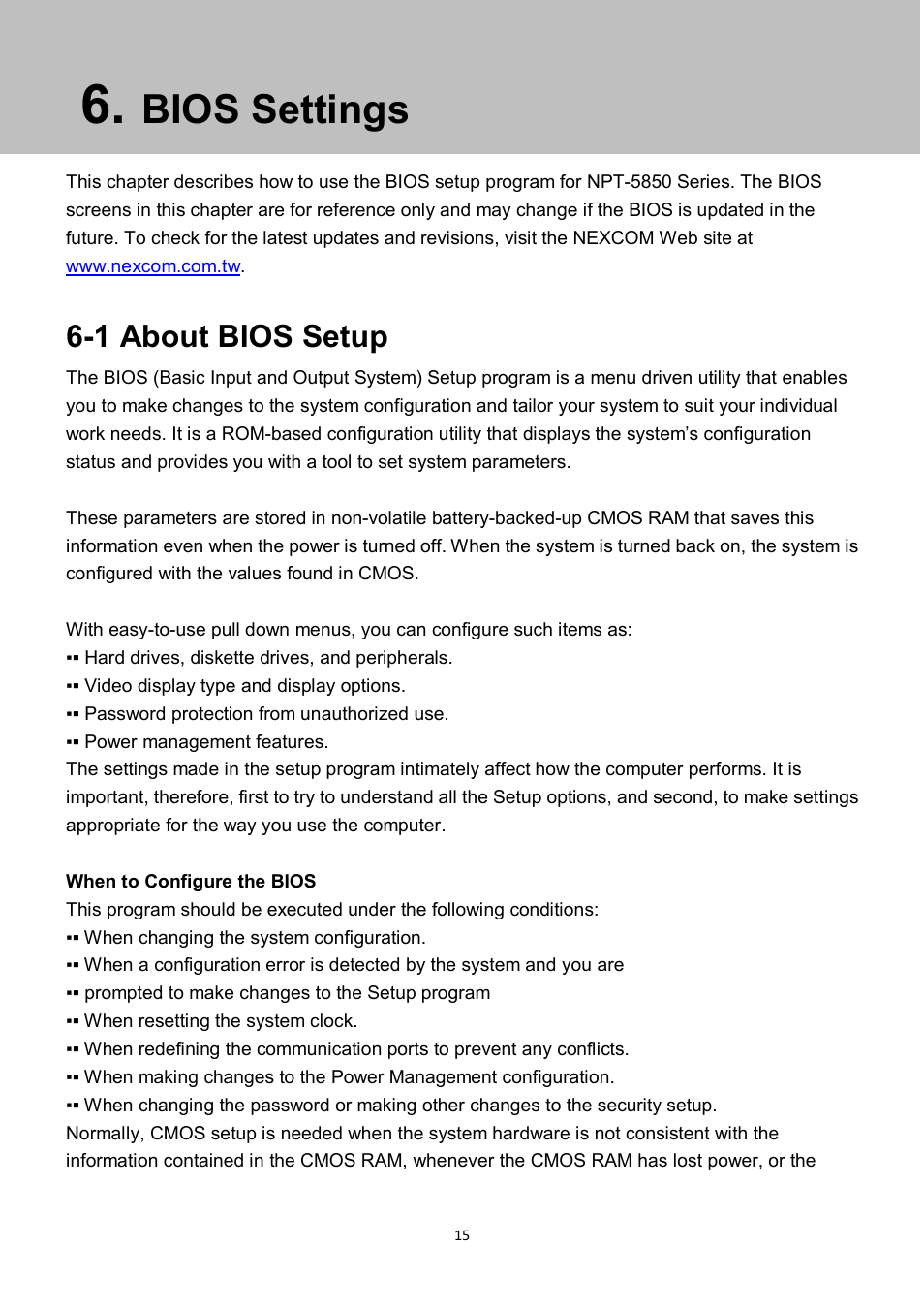 Bios settings, 1 about bios setup | NEXCOM NPT 5850 User Manual | Page 21 / 45