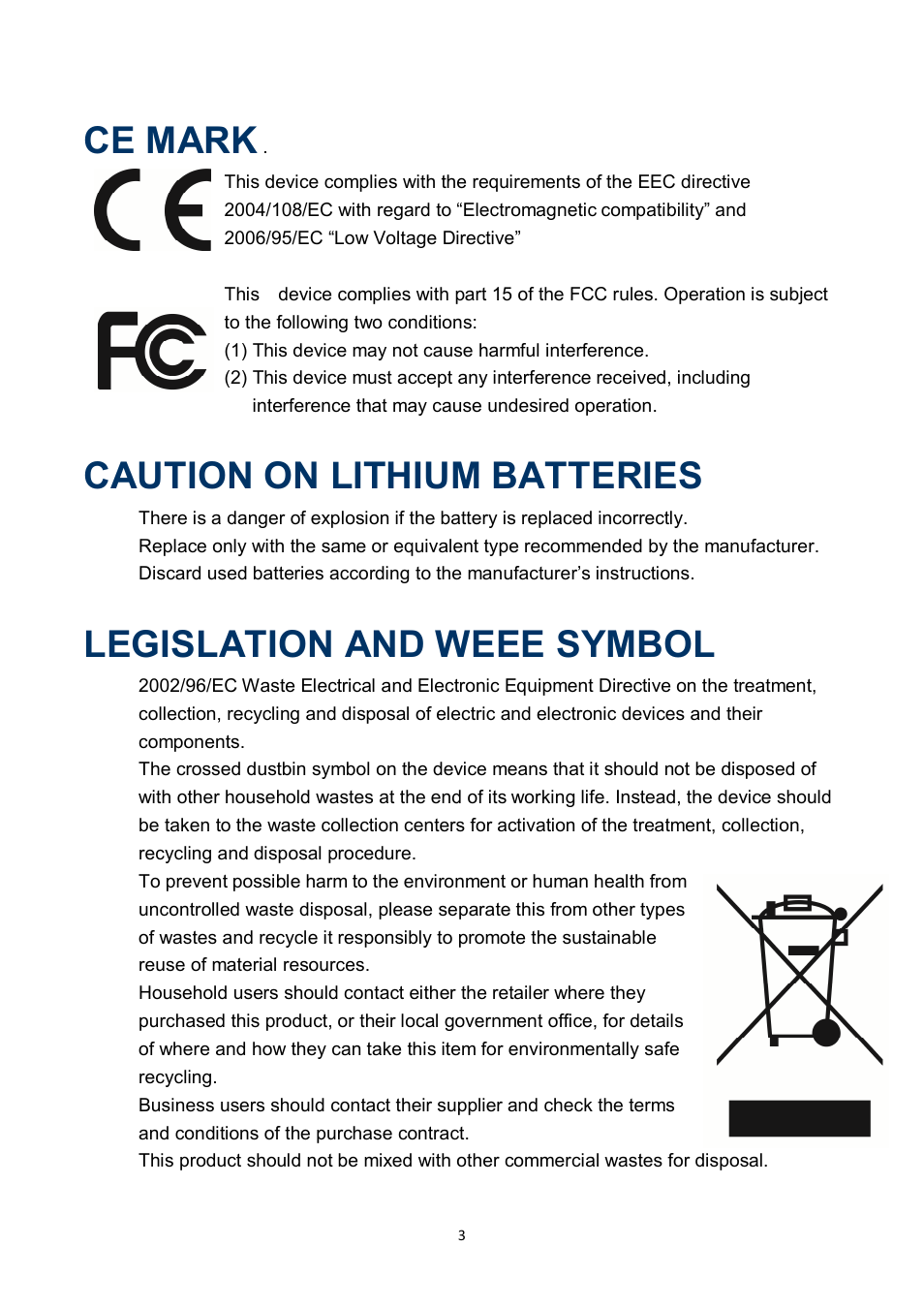 Ce mark, Caution on lithium batteries, Legislation and weee symbol | NEXCOM NPT 5850 User Manual | Page 4 / 45