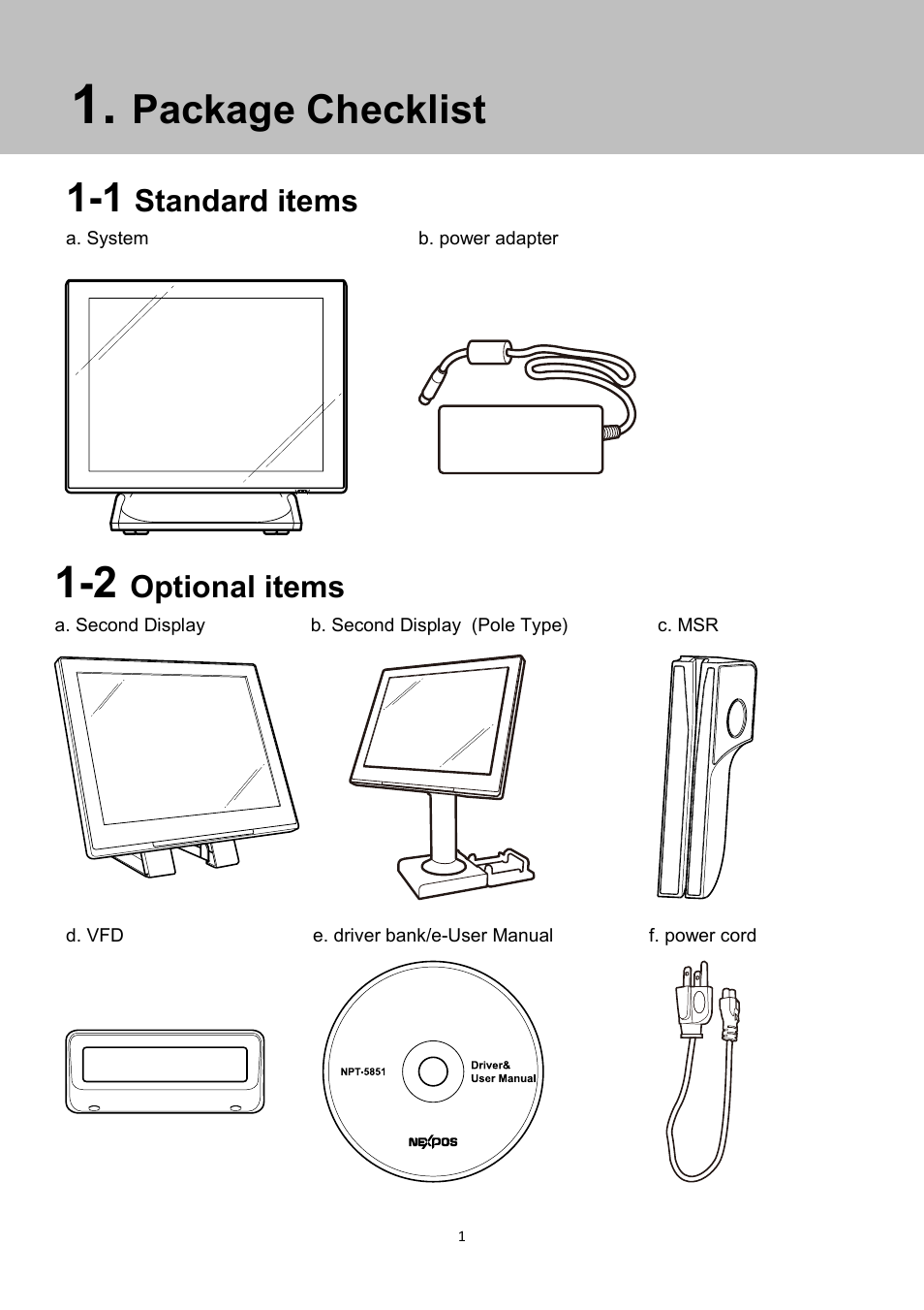 Package checklist, Standard items, Optional items | NEXCOM NPT 5850 User Manual | Page 7 / 45