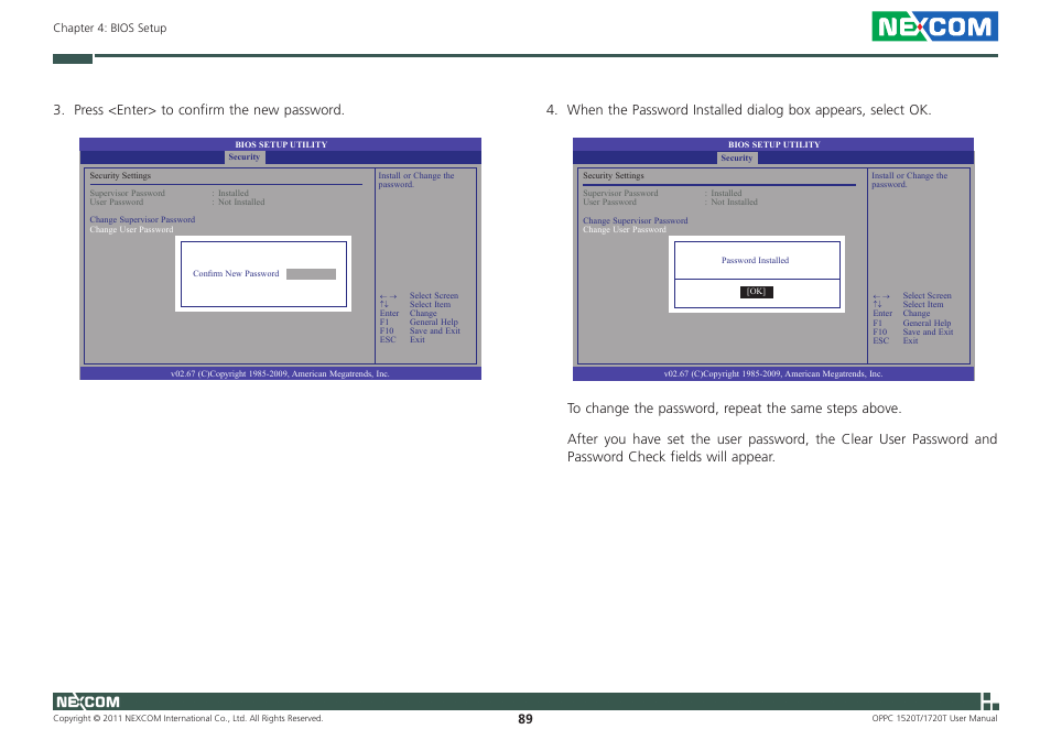 Press <enter> to confirm the new password | NEXCOM OPPC 1520T User Manual | Page 104 / 110