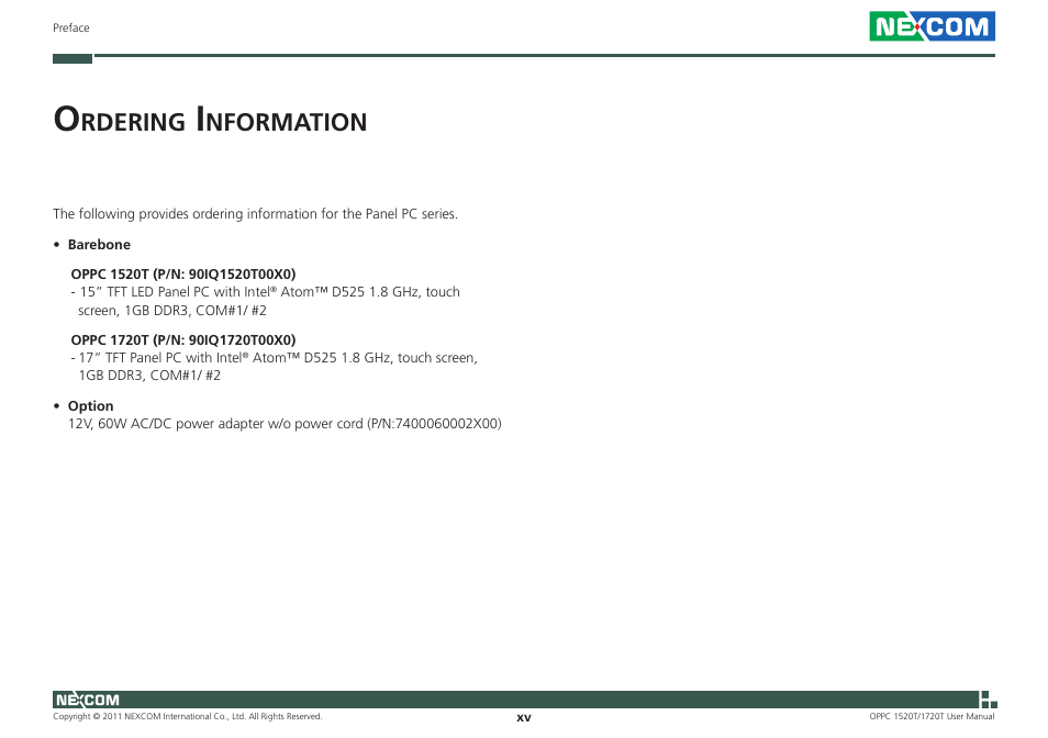 Rdering, Nformation | NEXCOM OPPC 1520T User Manual | Page 15 / 110