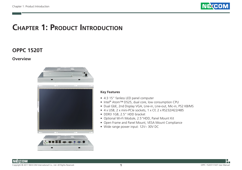 Hapter, Roduct, Ntroduction | Oppc 1520t | NEXCOM OPPC 1520T User Manual | Page 16 / 110