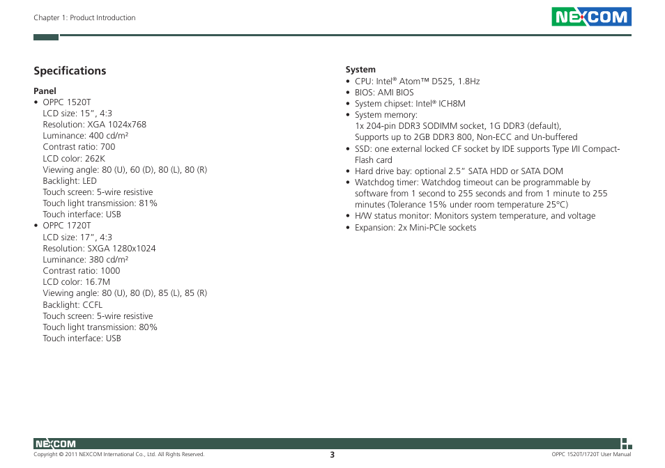 Specifications | NEXCOM OPPC 1520T User Manual | Page 18 / 110