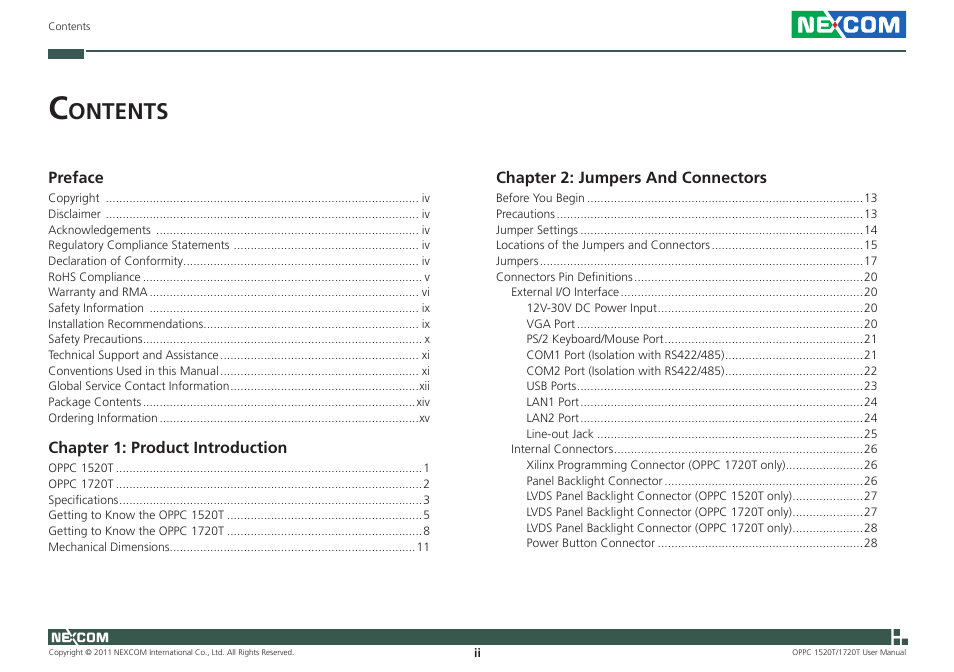 Ontents | NEXCOM OPPC 1520T User Manual | Page 2 / 110