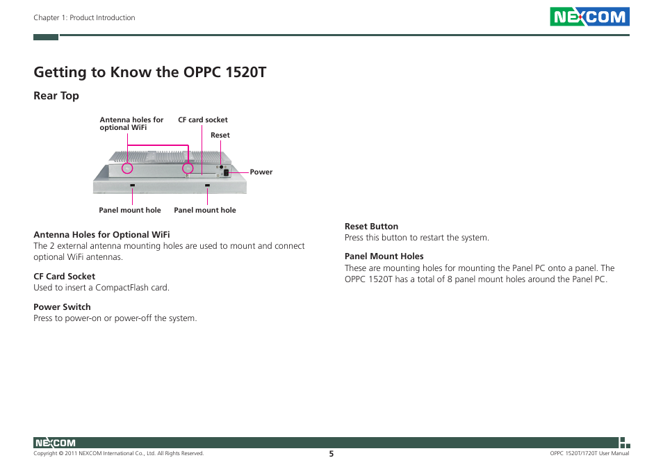 Getting to know the oppc 1520t, Rear top | NEXCOM OPPC 1520T User Manual | Page 20 / 110