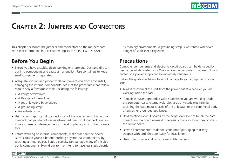 Hapter, Umpers, Onnectors | Before you begin, Precautions | NEXCOM OPPC 1520T User Manual | Page 28 / 110