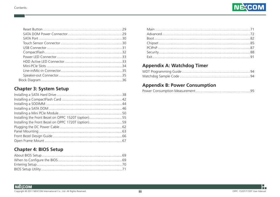 Chapter 3: system setup, Chapter 4: bios setup, Appendix a: watchdog timer | Appendix b: power consumption | NEXCOM OPPC 1520T User Manual | Page 3 / 110