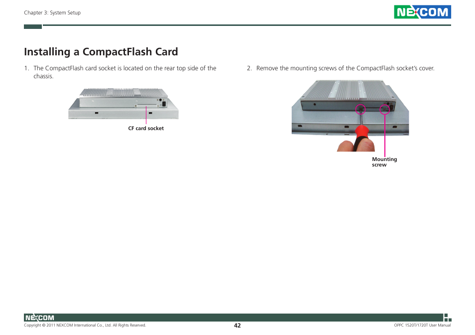 Installing a compactflash card | NEXCOM OPPC 1520T User Manual | Page 57 / 110