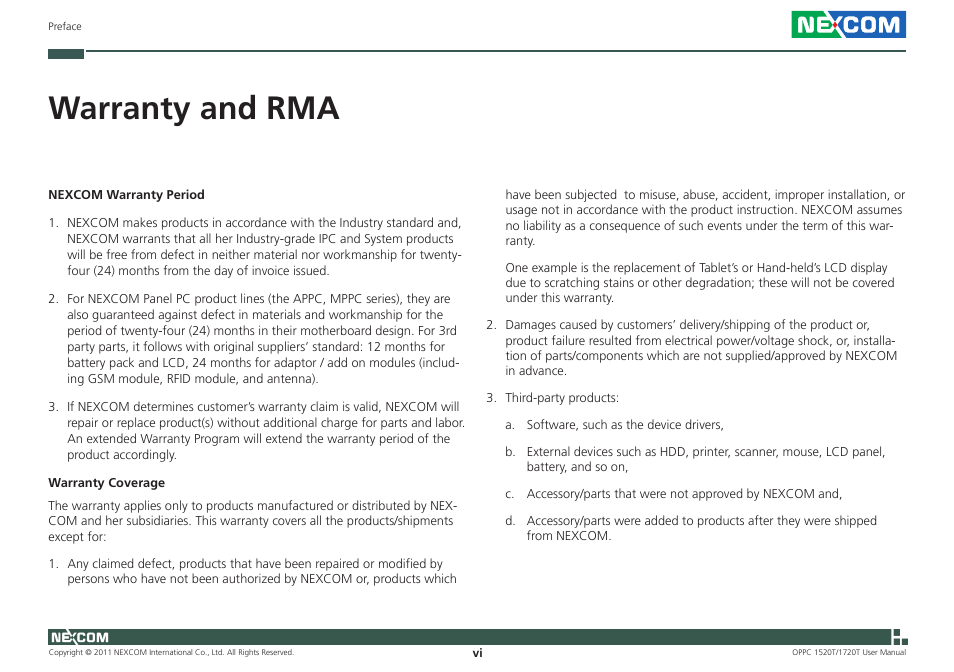 Warranty and rma | NEXCOM OPPC 1520T User Manual | Page 6 / 110