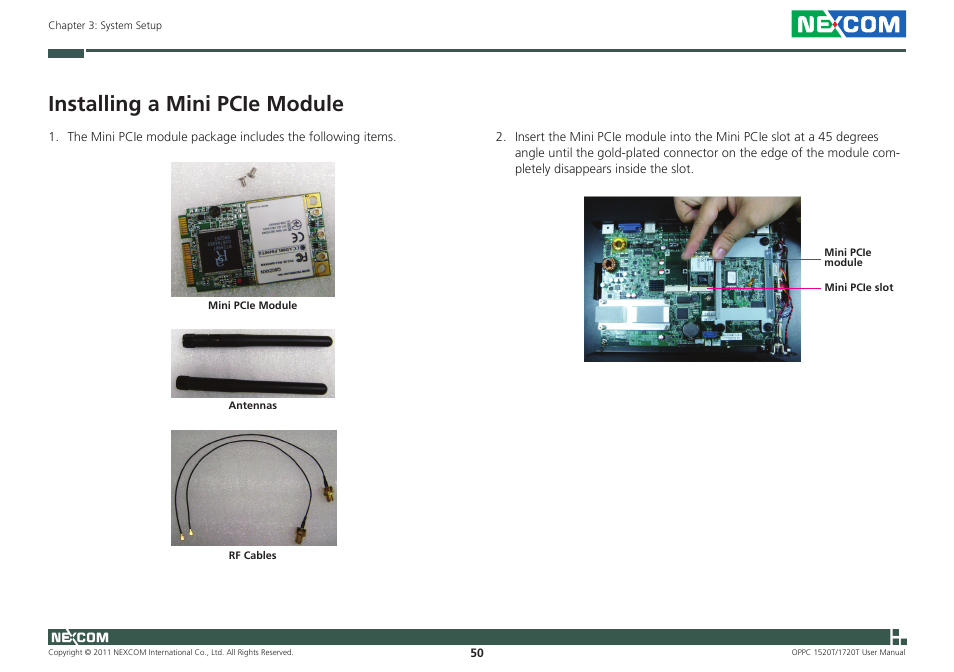 Installing a mini pcie module | NEXCOM OPPC 1520T User Manual | Page 65 / 110