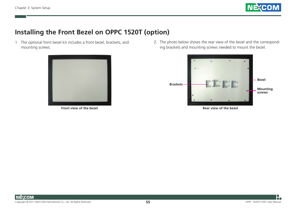 Installing the front bezel on oppc 1520t (option) | NEXCOM OPPC 1520T User Manual | Page 70 / 110