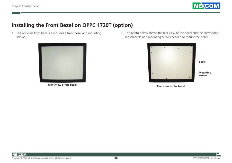 Installing the front bezel on oppc 1720t (option) | NEXCOM OPPC 1520T User Manual | Page 74 / 110