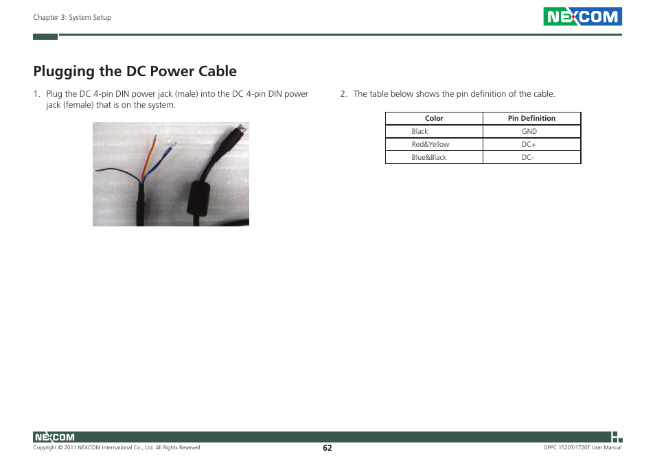 Plugging the dc power cable | NEXCOM OPPC 1520T User Manual | Page 77 / 110