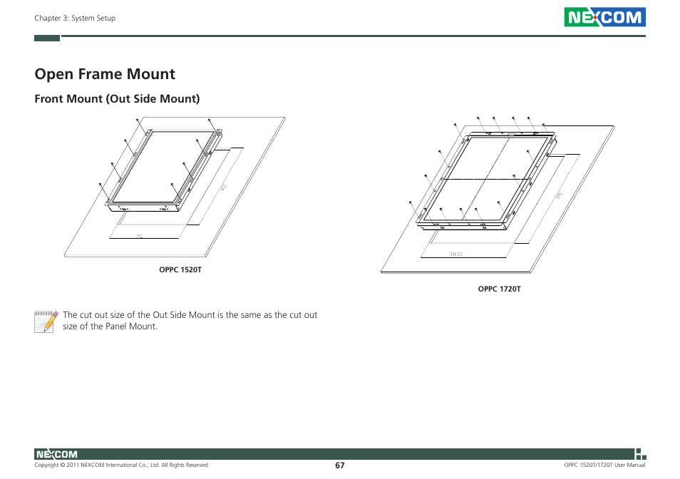 Open frame mount, Front mount (out side mount) | NEXCOM OPPC 1520T User Manual | Page 82 / 110