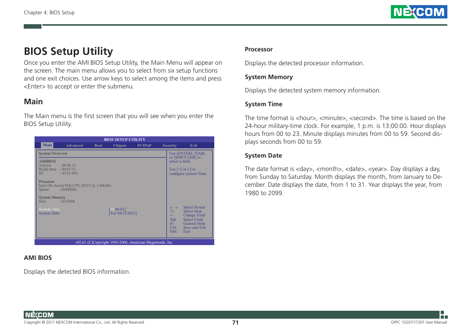 Bios setup utility, Main | NEXCOM OPPC 1520T User Manual | Page 86 / 110