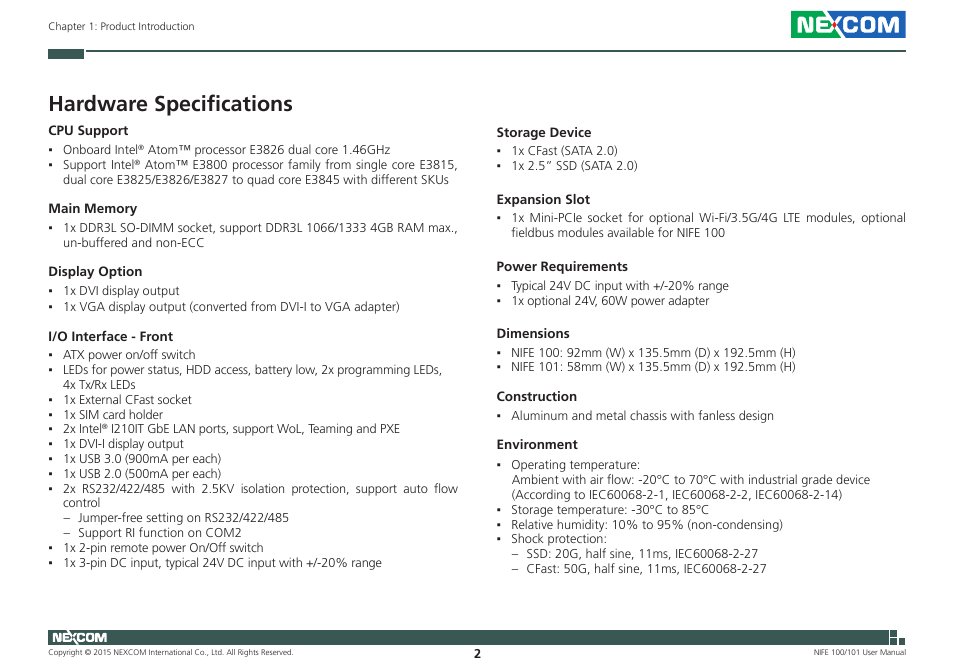 Hardware specifications | NEXCOM NIFE 100 User Manual | Page 16 / 80