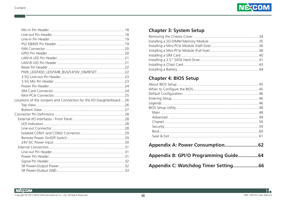 Chapter 3: system setup, Chapter 4: bios setup | NEXCOM NIFE 100 User Manual | Page 3 / 80