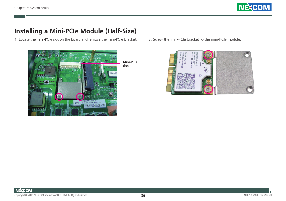 Installing a mini-pcie module (half-size) | NEXCOM NIFE 100 User Manual | Page 50 / 80