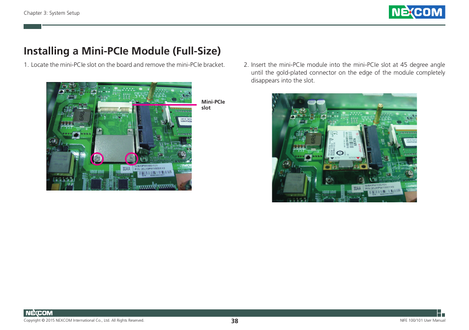 Installing a mini-pcie module (full-size) | NEXCOM NIFE 100 User Manual | Page 52 / 80