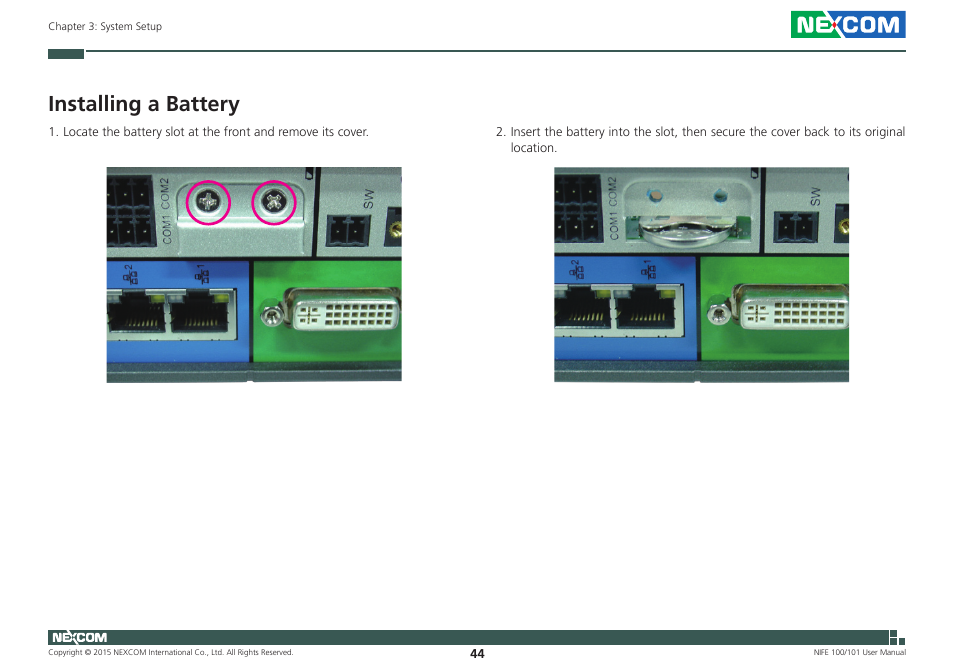 Installing a battery | NEXCOM NIFE 100 User Manual | Page 58 / 80