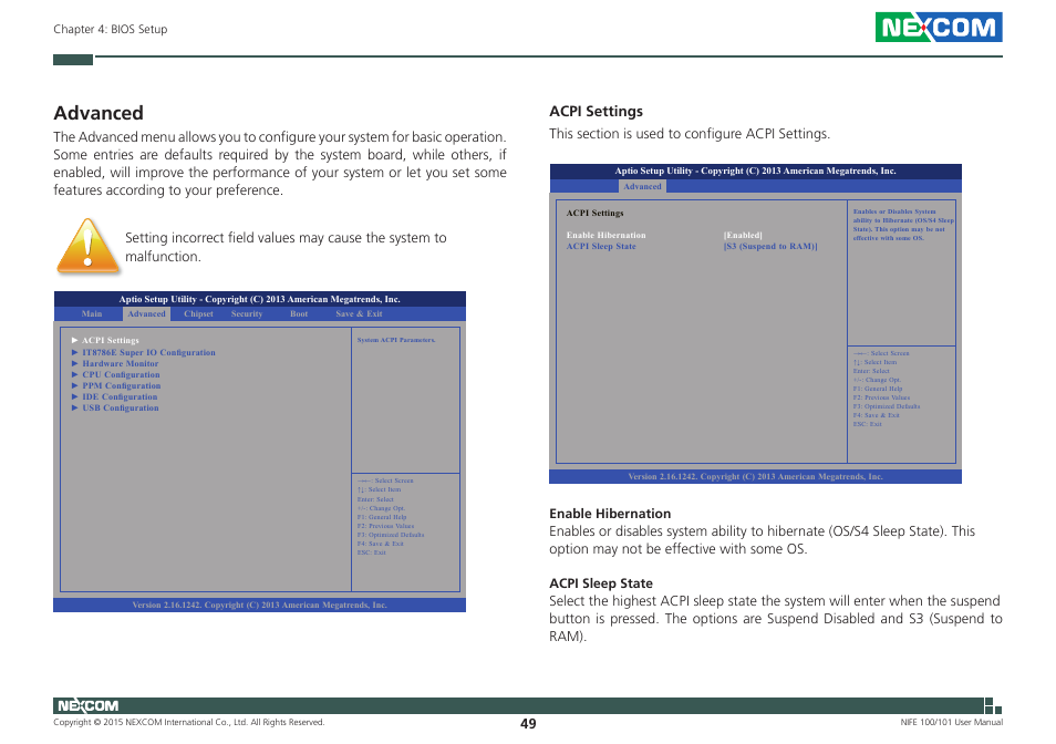 Advanced, Acpi settings | NEXCOM NIFE 100 User Manual | Page 63 / 80