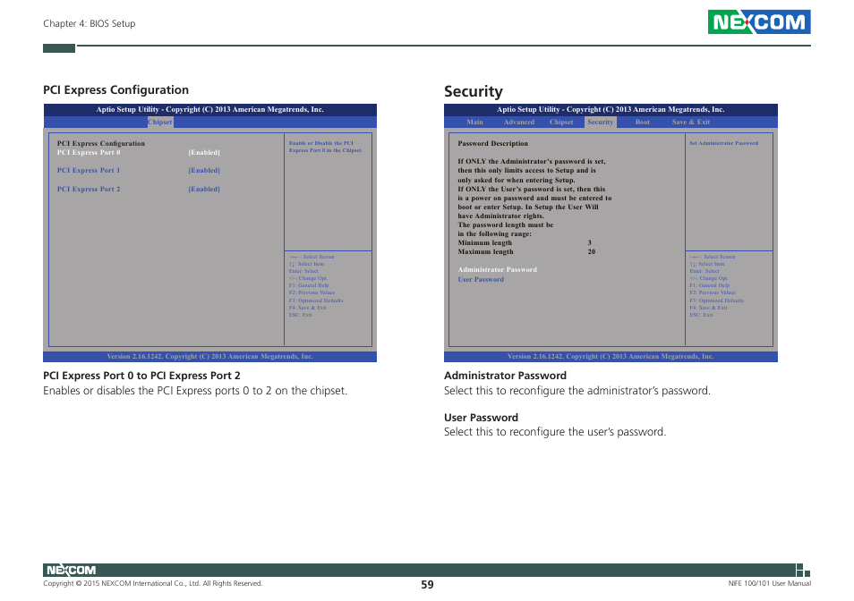 Security, Pci express configuration | NEXCOM NIFE 100 User Manual | Page 73 / 80