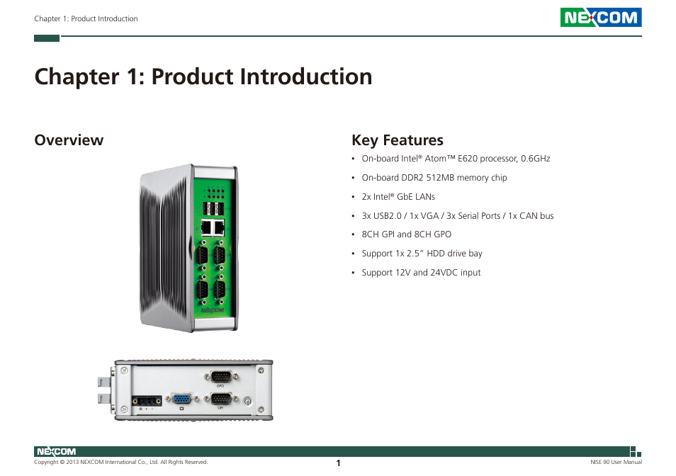 Chapter 1: product introduction, Overview key features, Key features | Overview | NEXCOM NISE 90 User Manual | Page 15 / 67