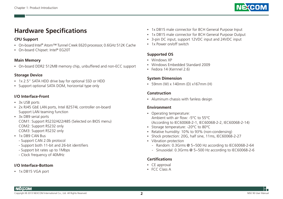 Hardware specifications | NEXCOM NISE 90 User Manual | Page 16 / 67