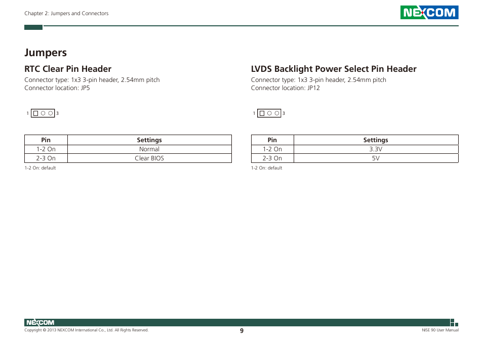 Jumpers, Rtc clear pin header, Lvds backlight power select pin header | NEXCOM NISE 90 User Manual | Page 23 / 67