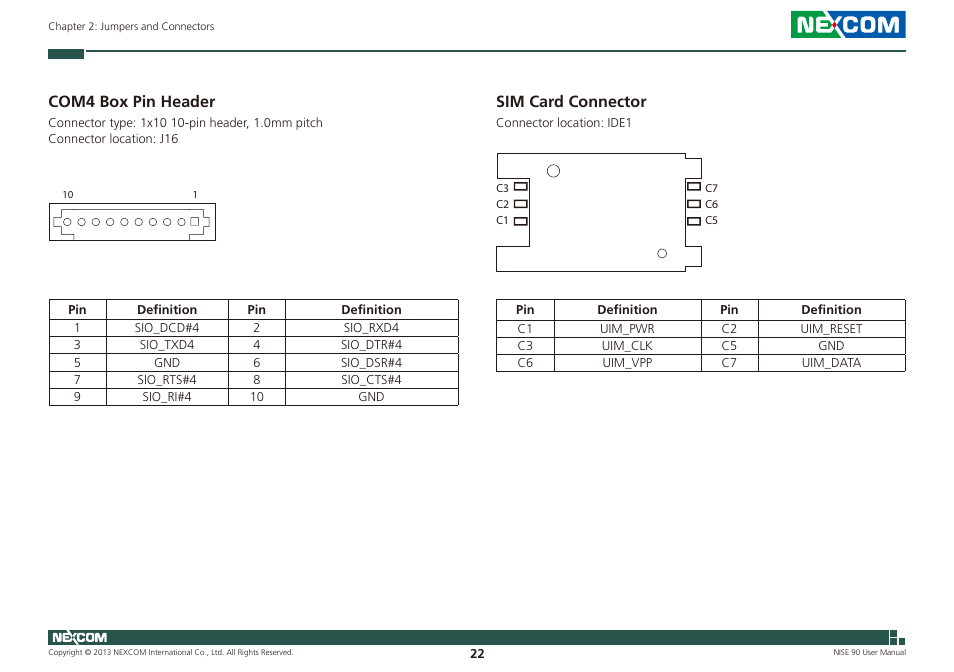 Com4 box pin header sim card connector, Com4 box pin header, Sim card connector | NEXCOM NISE 90 User Manual | Page 36 / 67