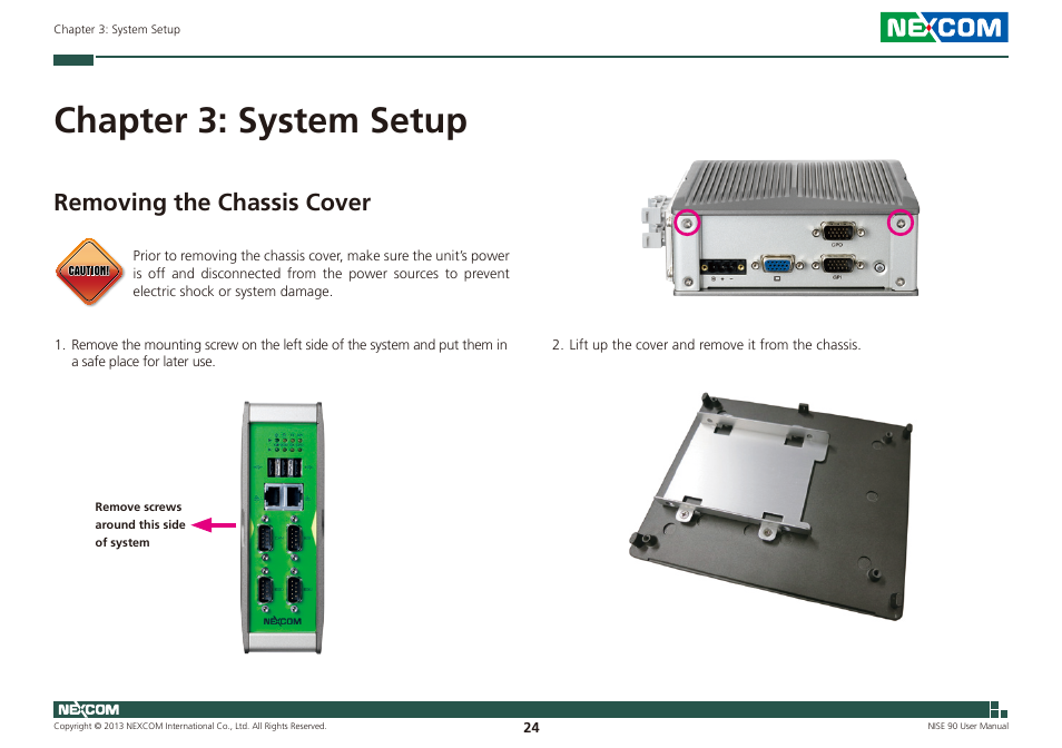 Chapter 3: system setup, Removing the chassis cover | NEXCOM NISE 90 User Manual | Page 38 / 67