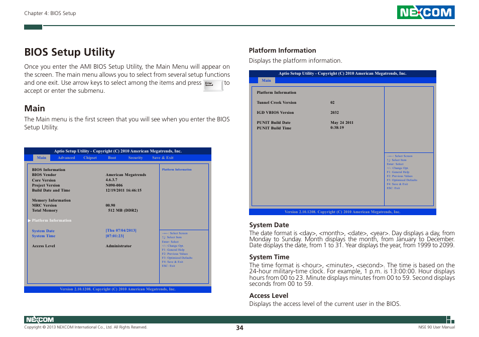 Bios setup utility, Main, Platform information | System date, System time, Access level | NEXCOM NISE 90 User Manual | Page 48 / 67