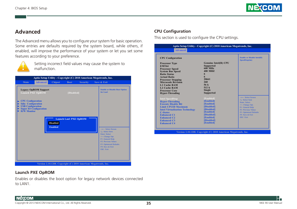 Advanced, Launch pxe oprom, Cpu configuration | NEXCOM NISE 90 User Manual | Page 49 / 67