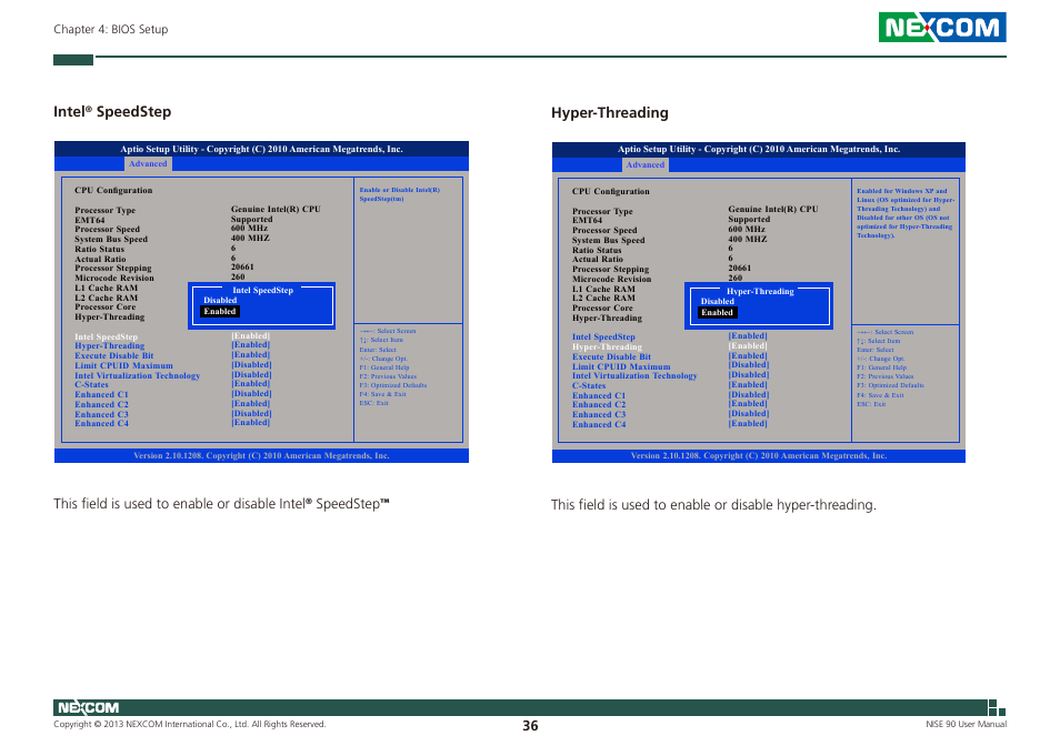 Intel, Speedstep hyper-threading, This field is used to enable or disable intel | NEXCOM NISE 90 User Manual | Page 50 / 67