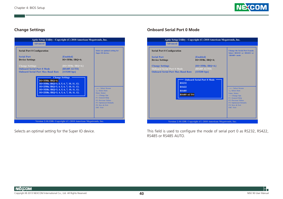 Onboard serial port 0 mode, Change settings | NEXCOM NISE 90 User Manual | Page 54 / 67