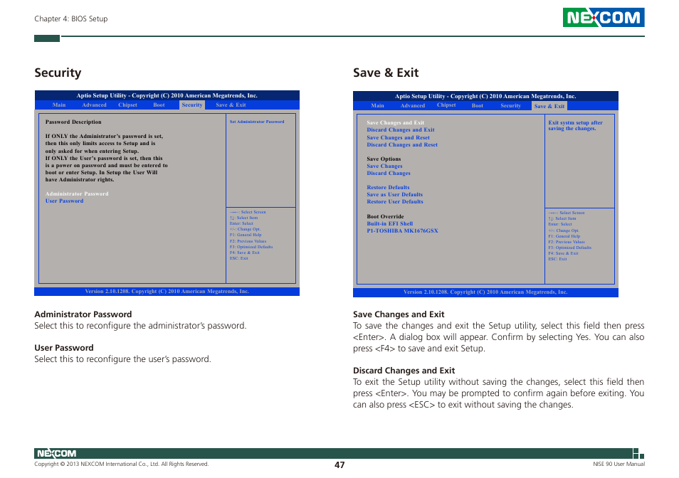 Security save & exit, Save & exit, Security | NEXCOM NISE 90 User Manual | Page 61 / 67