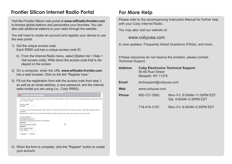 For more help, Frontier silicon internet radio portal | COBY electronic IR850 User Manual | Page 4 / 4