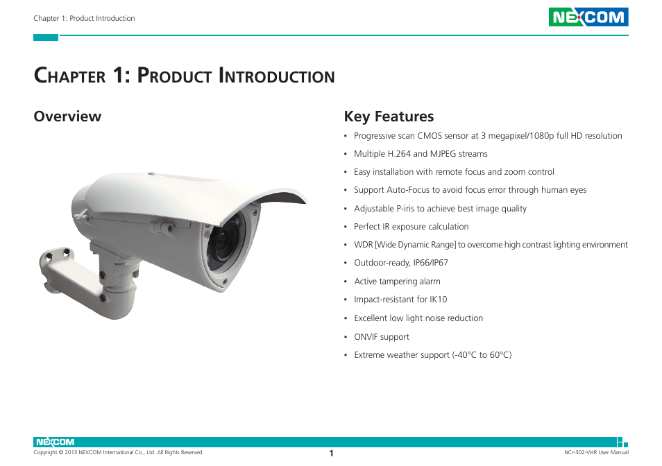 Chapter 1: product introduction, Overview, Key features | Overview key features, Hapter, Roduct, Ntroduction | NEXCOM NCr-302-VHR User Manual | Page 11 / 66