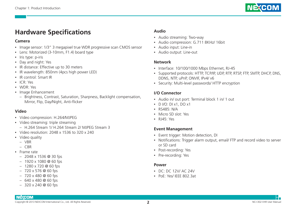 Hardware specifications | NEXCOM NCr-302-VHR User Manual | Page 12 / 66