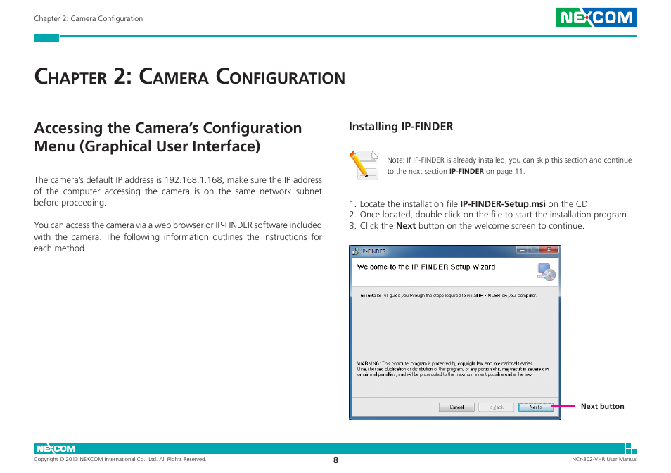 Chapter 2: camera configuration, Installing ip-finder, Hapter | Amera, Onfiguration | NEXCOM NCr-302-VHR User Manual | Page 18 / 66