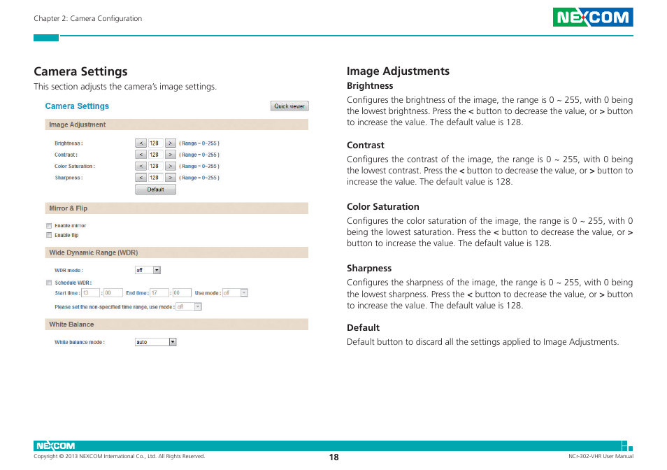 Camera settings, Image adjustments | NEXCOM NCr-302-VHR User Manual | Page 28 / 66
