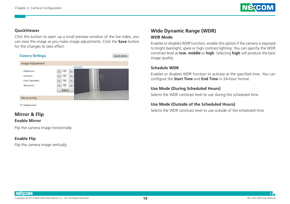 Mirror & flip, Wide dynamic range (wdr), Mirror & flip wide dynamic range (wdr) | NEXCOM NCr-302-VHR User Manual | Page 29 / 66
