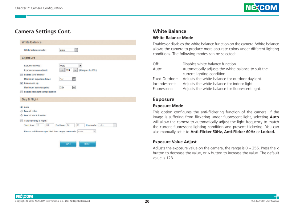 Camera settings cont, White balance, Exposure | White balance exposure | NEXCOM NCr-302-VHR User Manual | Page 30 / 66