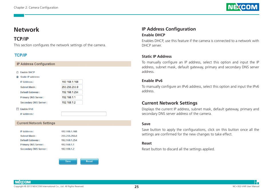 Network, Tcp/ip, Ip address configuration | Current network settings, Ip address configuration current network settings | NEXCOM NCr-302-VHR User Manual | Page 35 / 66