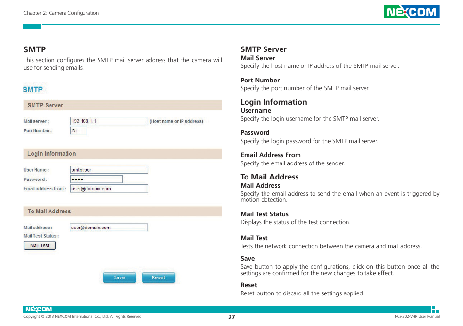 Smtp, Smtp server, Login information | To mail address, Smtp server login information to mail address | NEXCOM NCr-302-VHR User Manual | Page 37 / 66